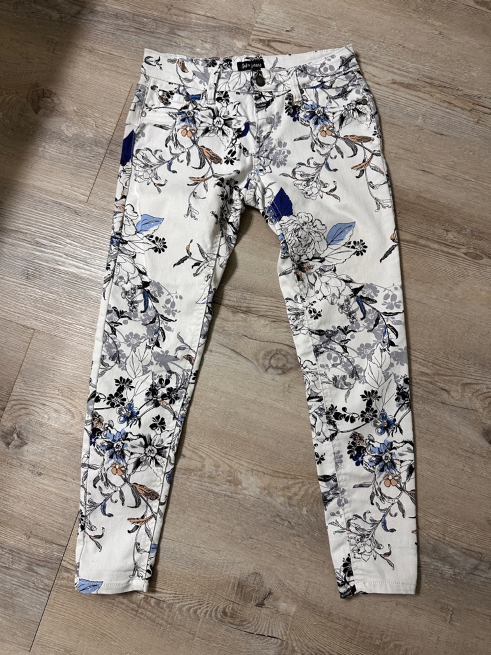 Suzy Shier Floral Print Skinny Jeans Pants Size 4 White Blue Stretch